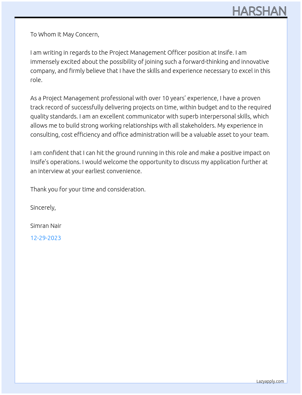 Project Management Officer At insife Cover Letter