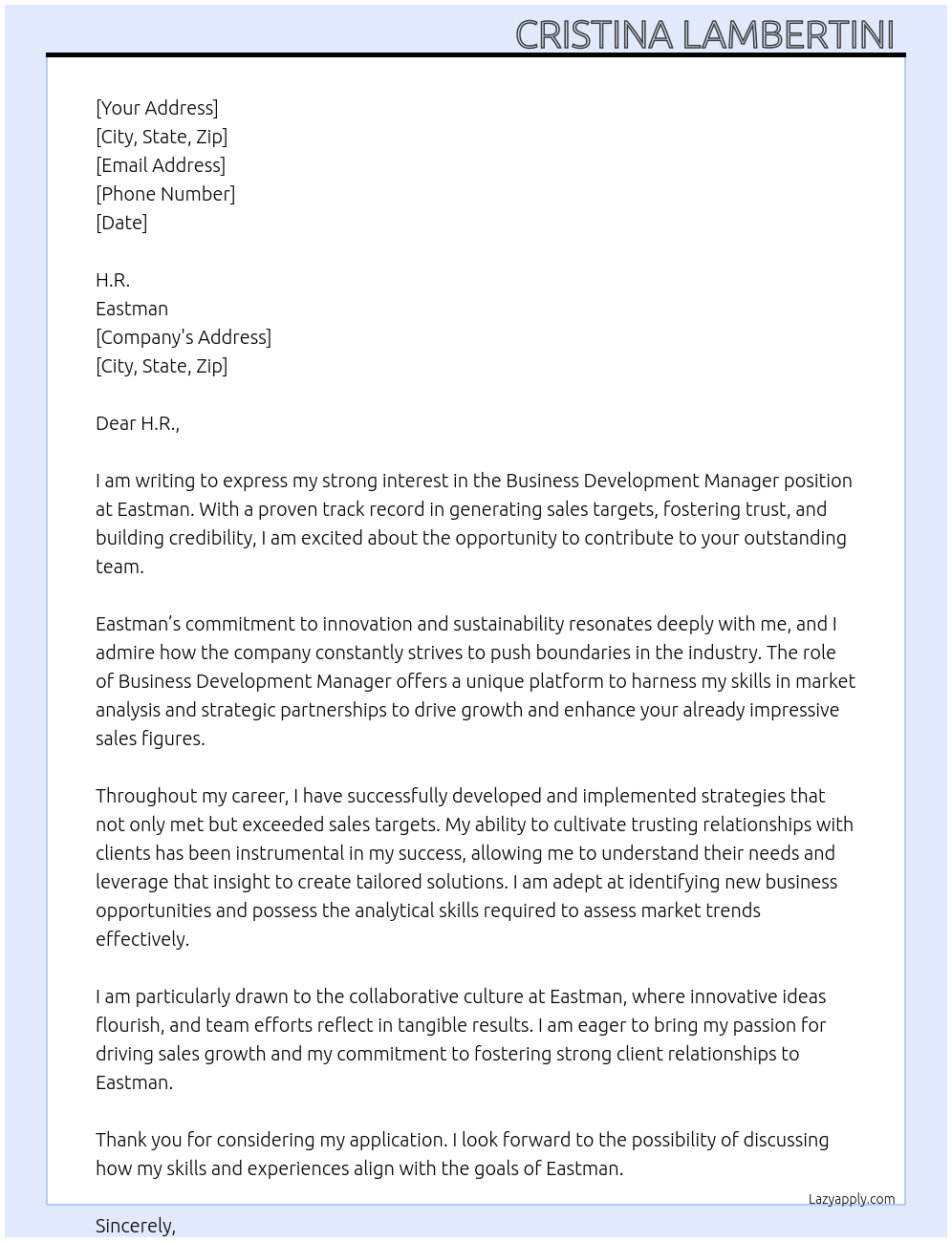 Business development manager At Eastman Cover Letter