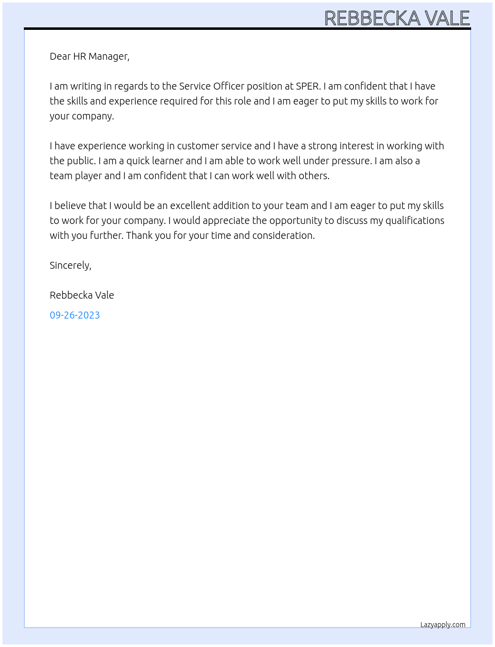 Service Officer  At SPER Cover Letter