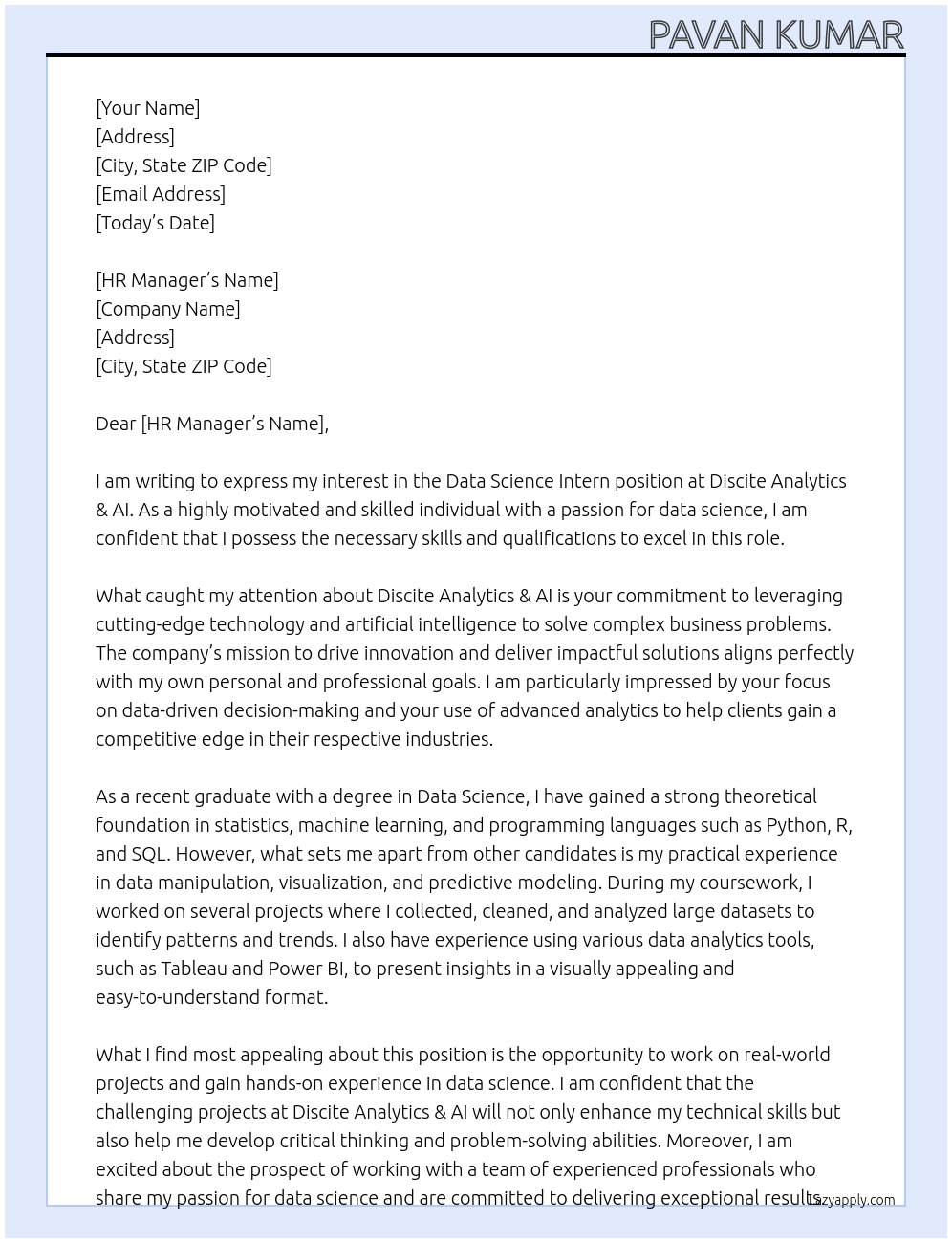 Data Science Intern At Discite Analytics & AI Cover Letter
