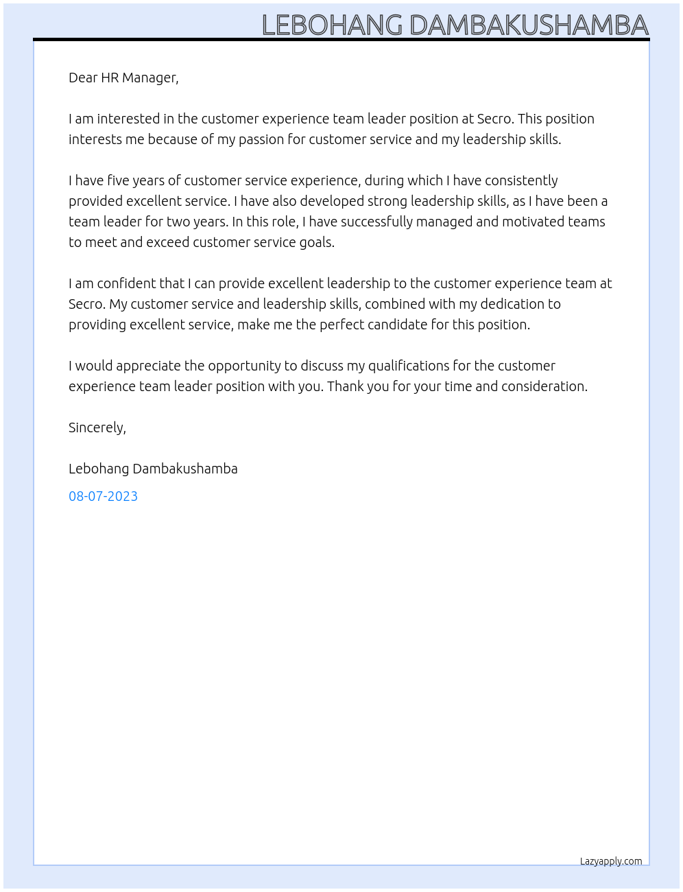 Customer experience team leader  At Secro  Cover Letter