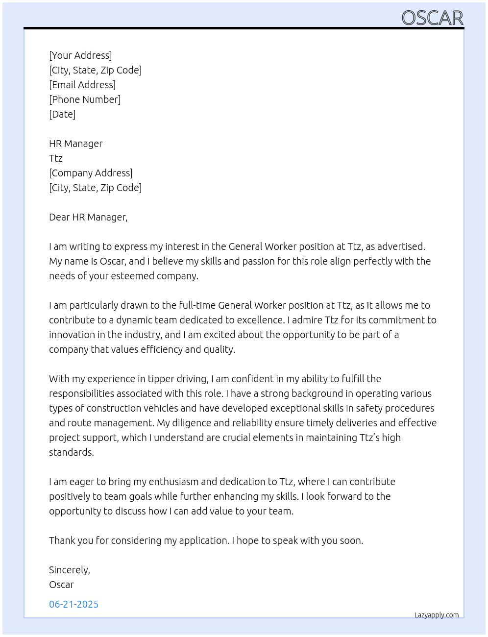 General worker At Ttz Cover Letter