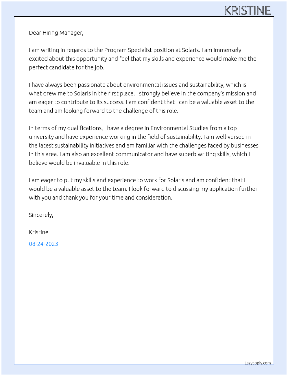 Program Specialist At Solaris Cover Letter