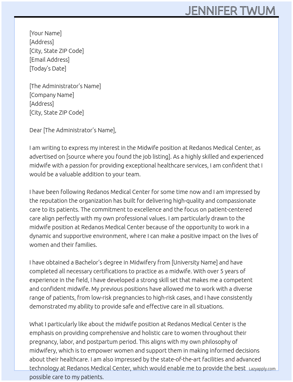 Midwife  At Redanos Medical Center  Cover Letter