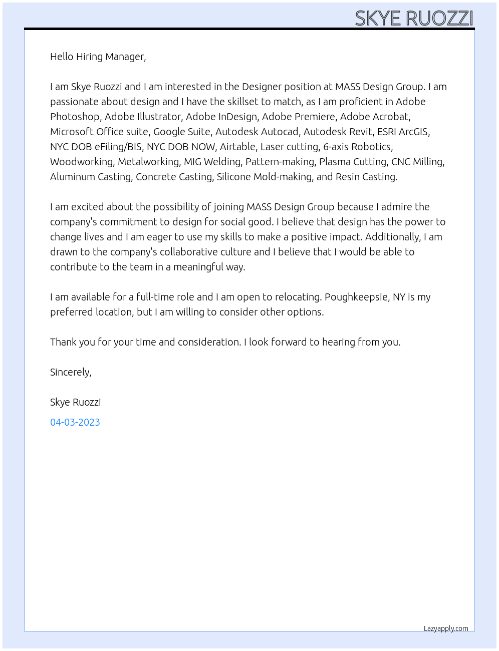 Designer At MASS Design Group Cover Letter