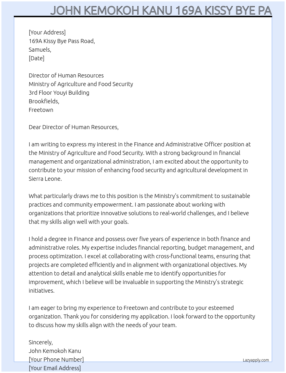 Cover letter for finance and administrative officer - LazyApply