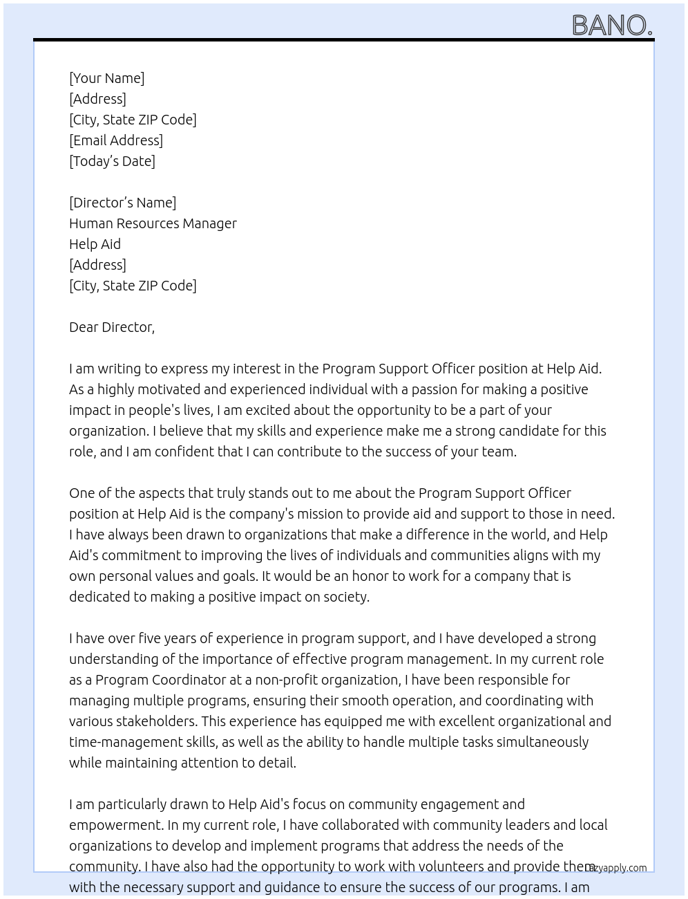 Program Support Officer. At Help Aid. Cover Letter