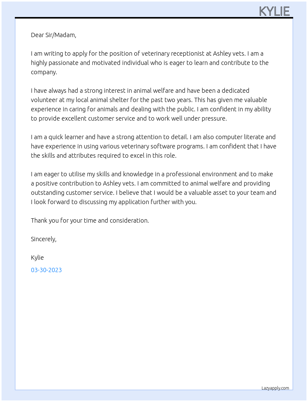 veterinary receptionist At Ashley vets Cover Letter