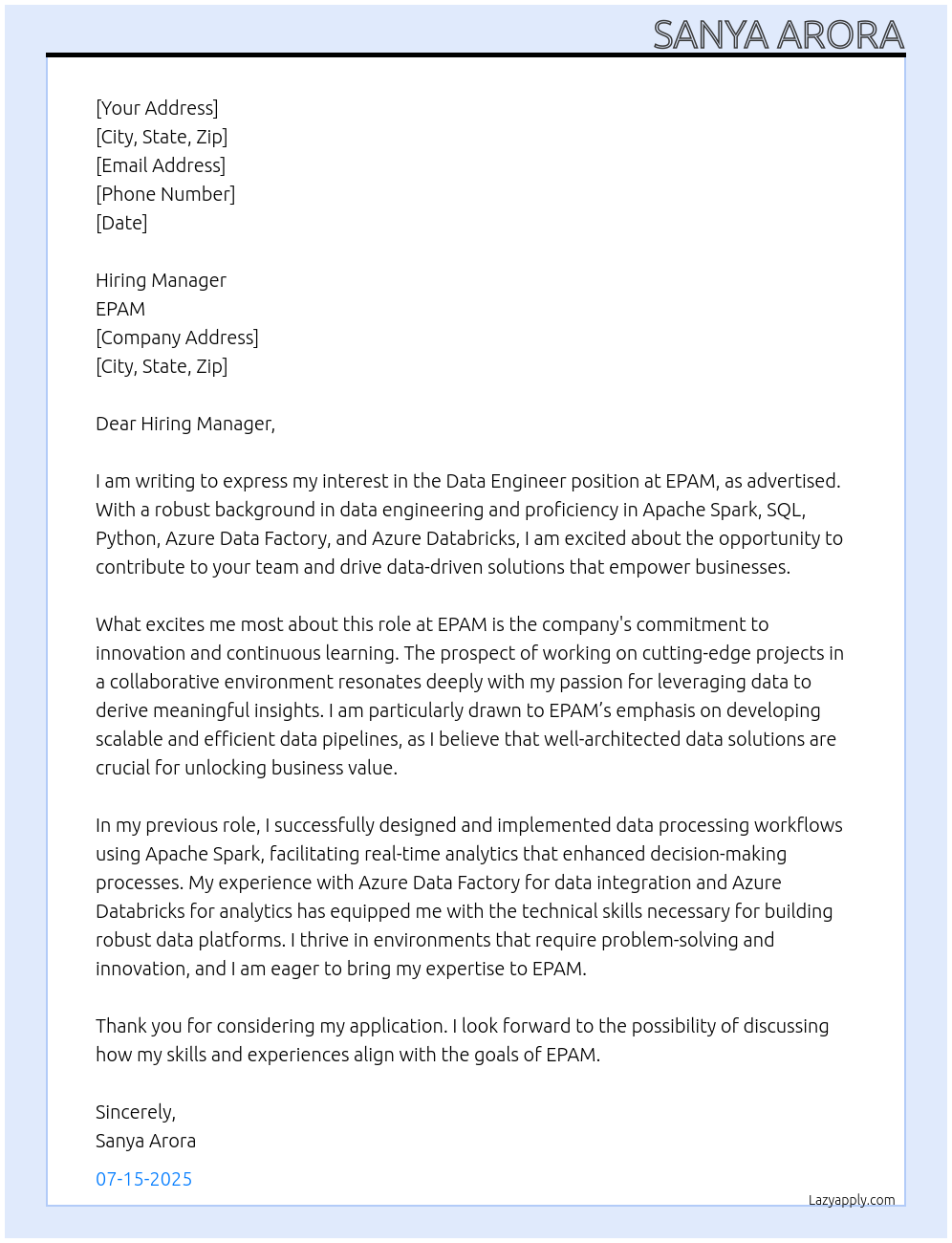 Data Engineer At EPAM Cover Letter