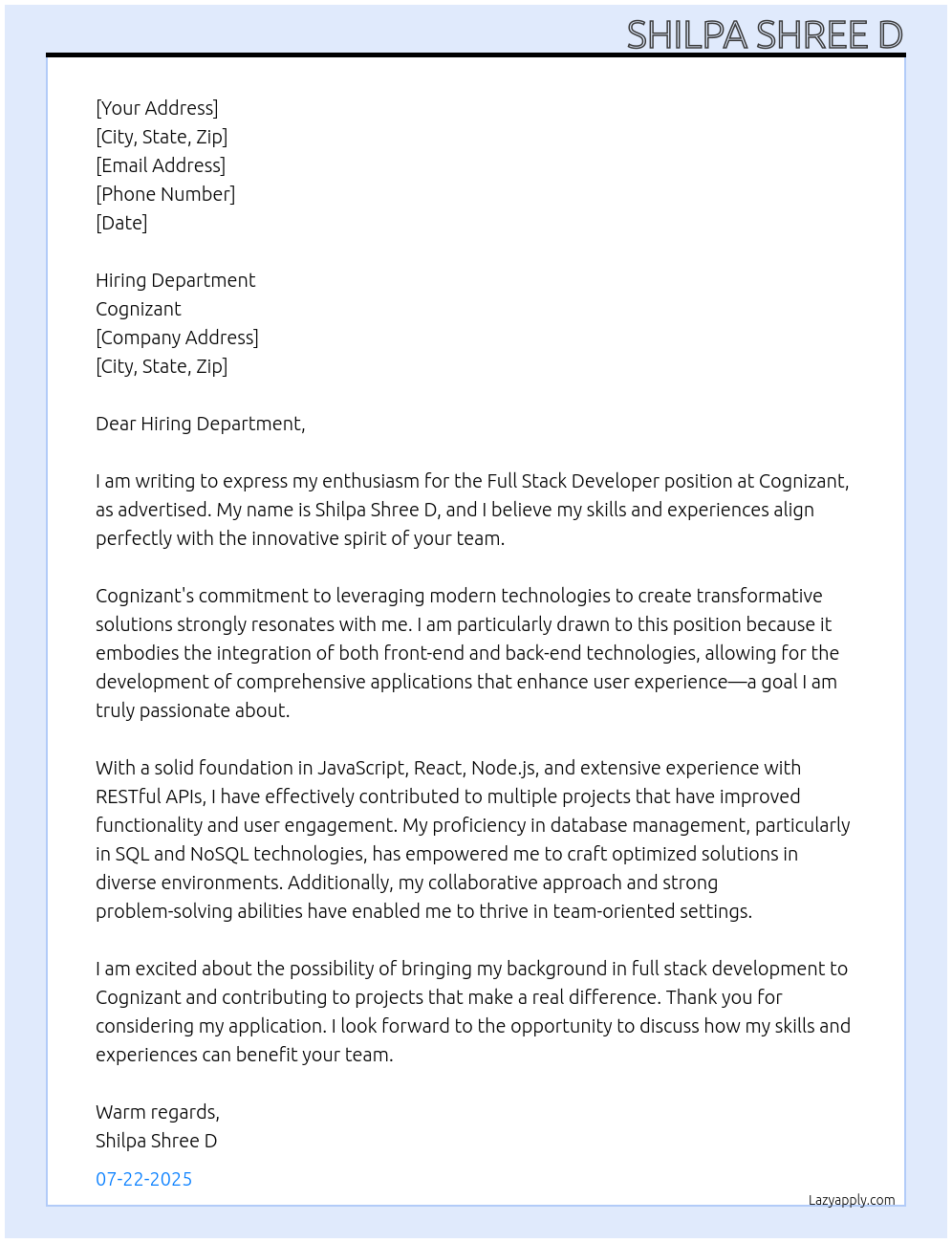 Full stack developer At Cognizant Cover Letter