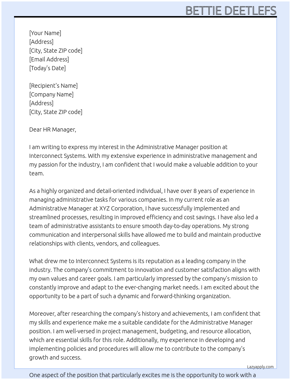 Administrative Manager At Interconnect Systems  Cover Letter