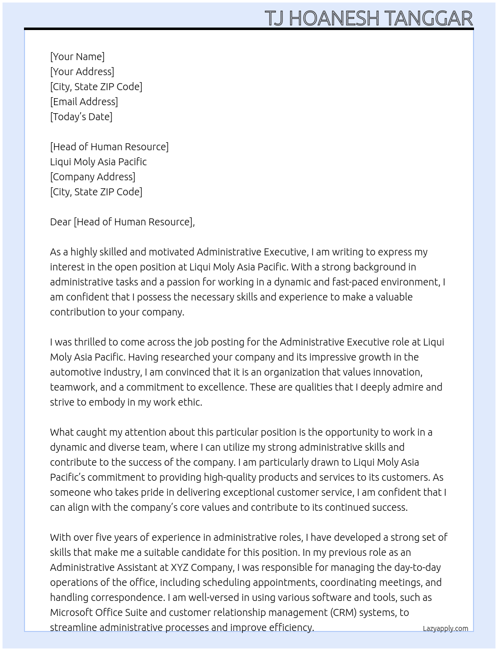 Administrative Executive At Liqui Moly Asia Pacific Cover Letter