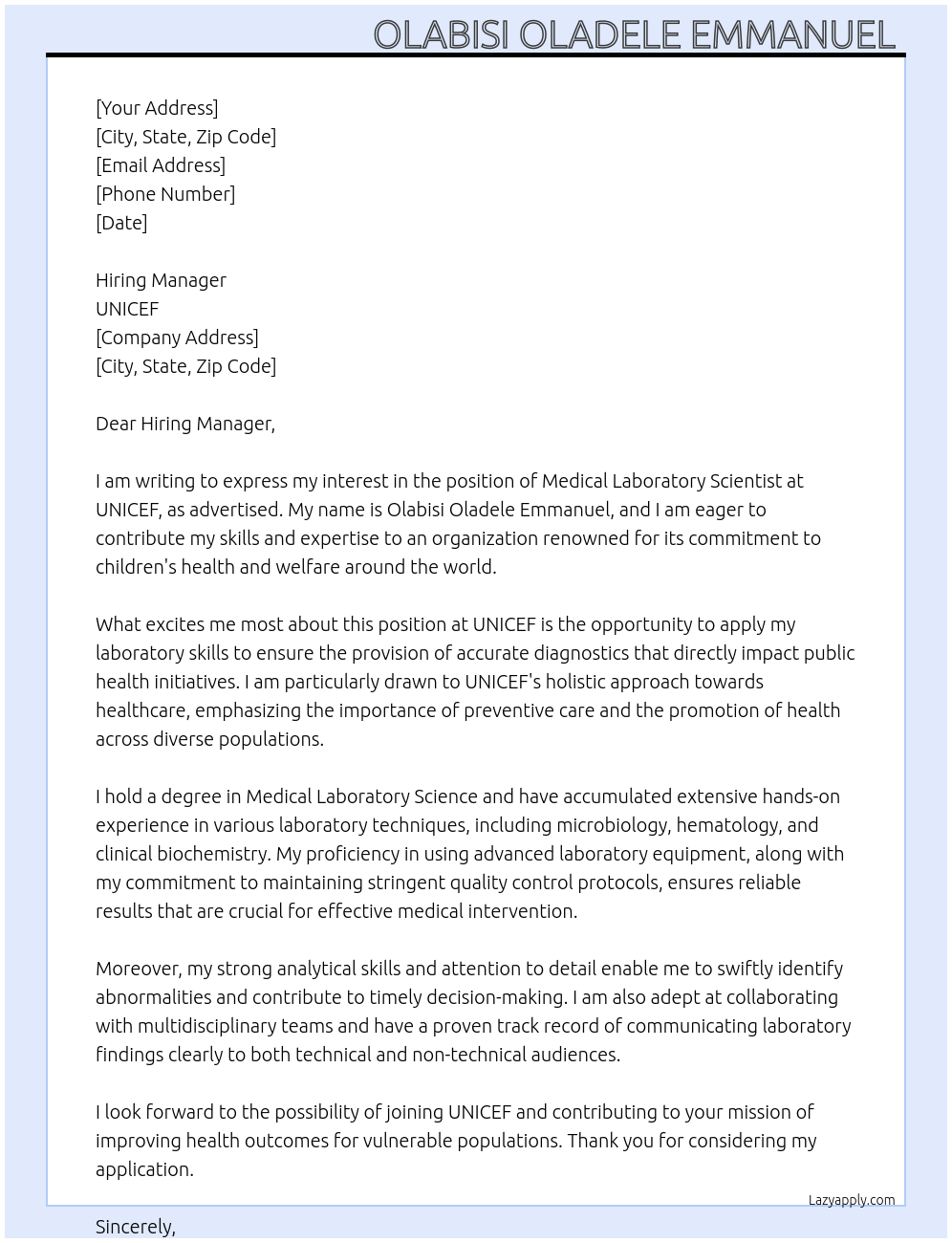 Medical laboratory scientist At UNICEF Cover Letter