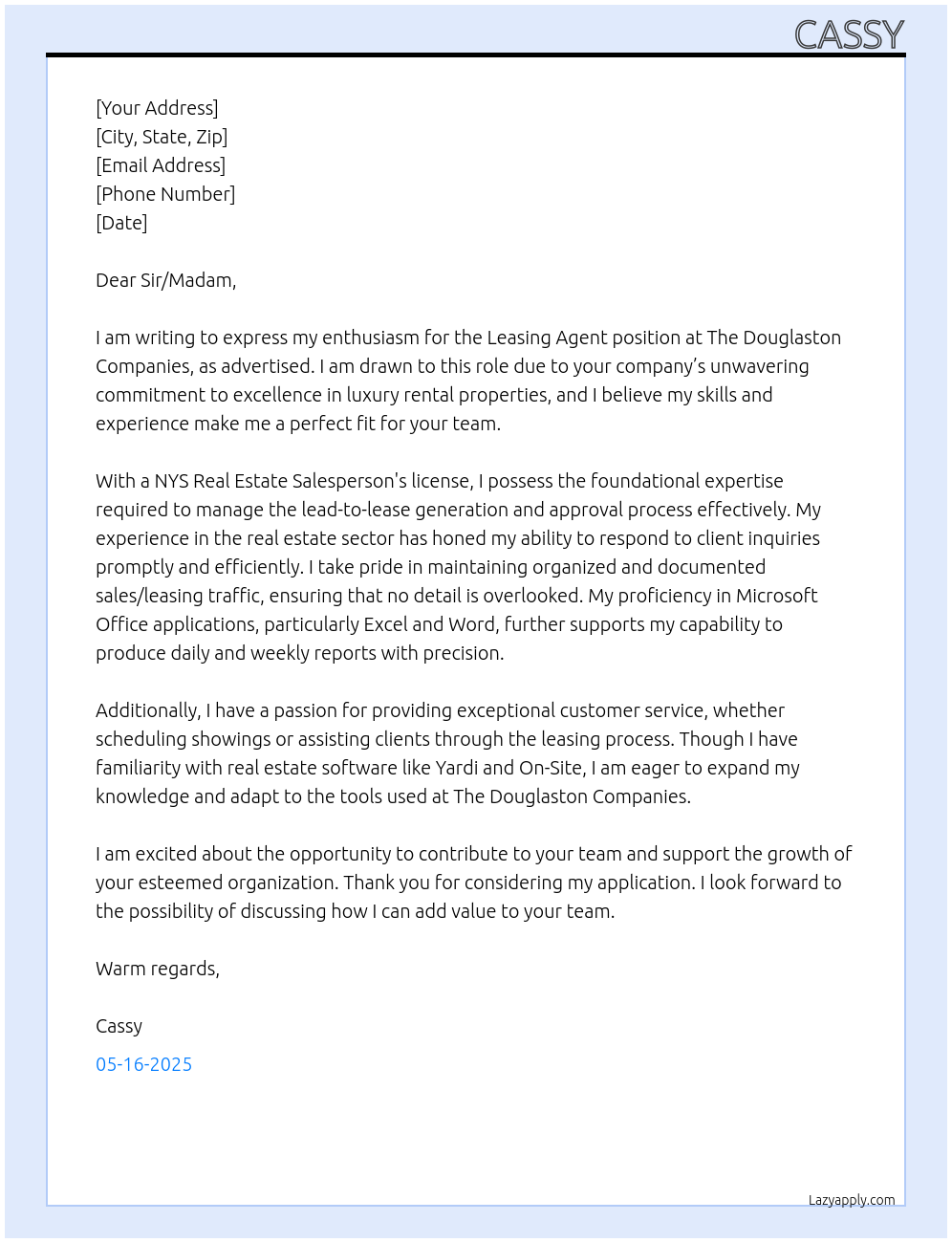 Leasing Agent At The Douglaston Companies Cover Letter