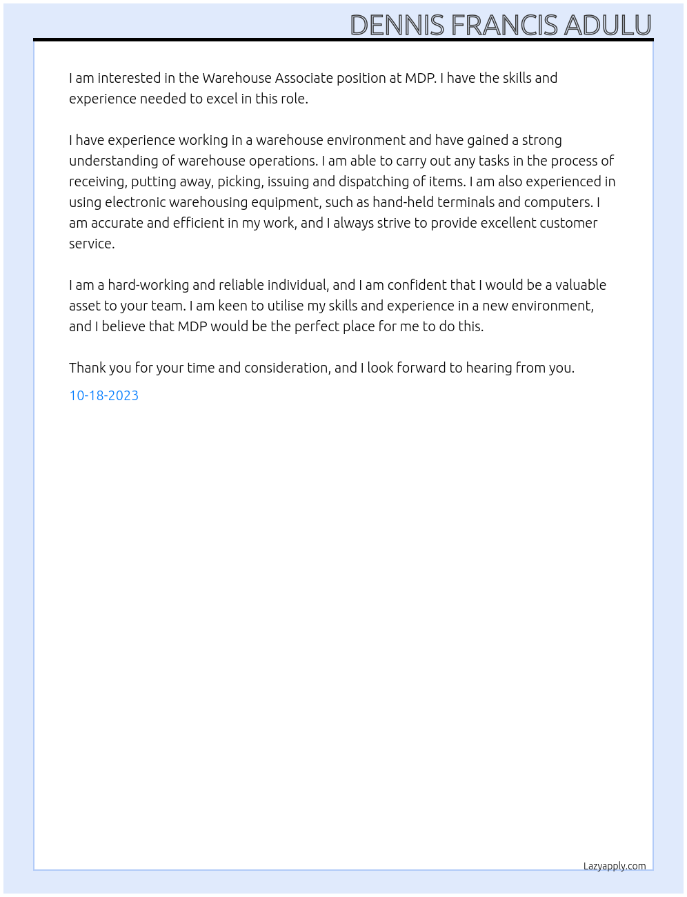 Warehouse associate At MDP  Cover Letter