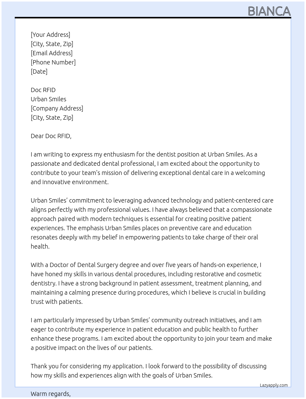 Cover letter for dentist - LazyApply