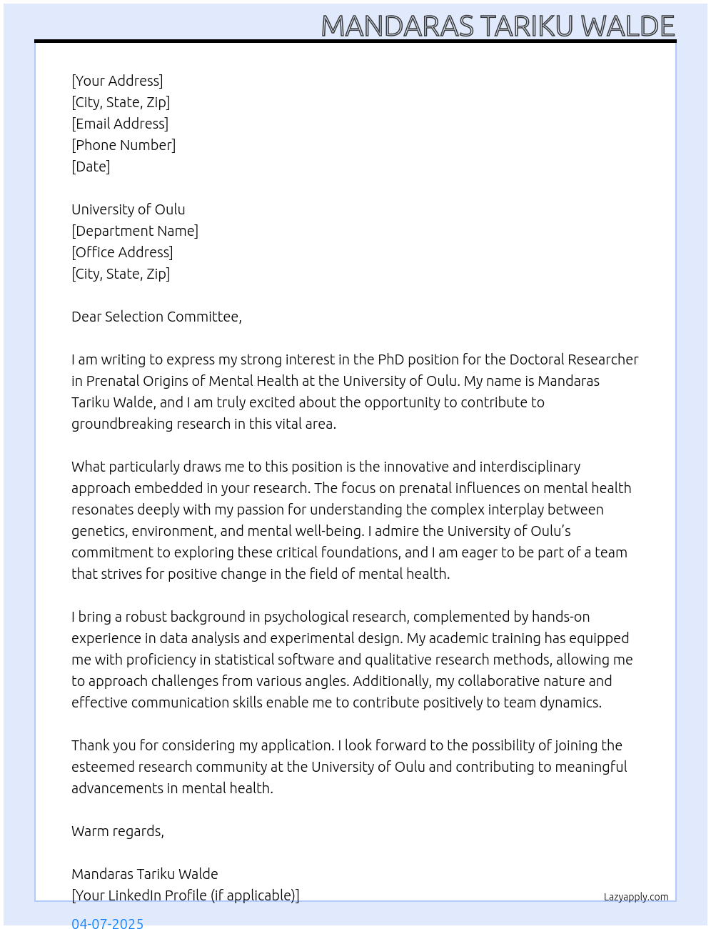 Cover letter for phd students - LazyApply