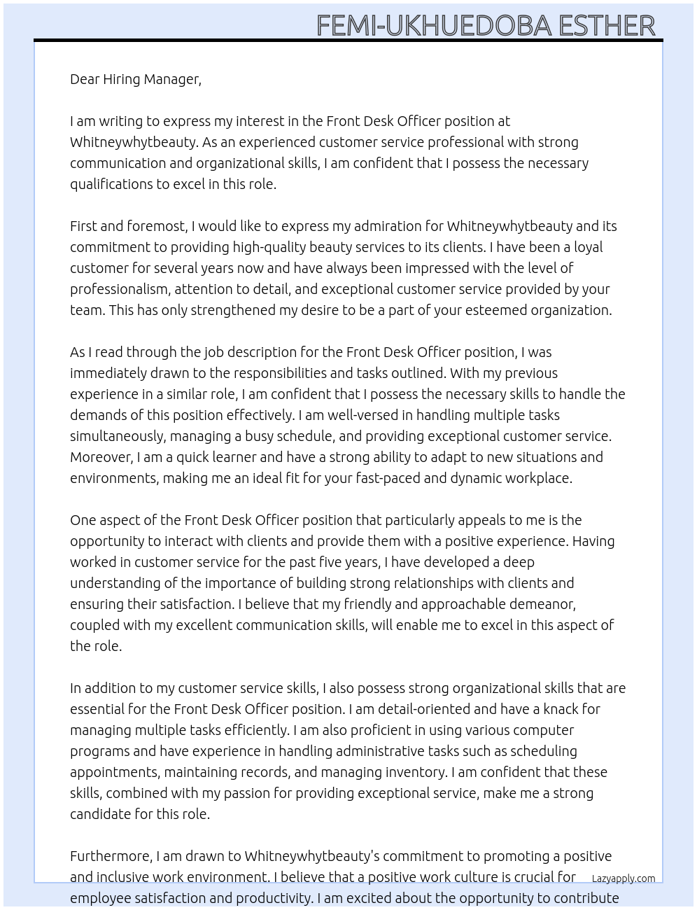 Front desk officer At Whitneywhytbeauty Cover Letter