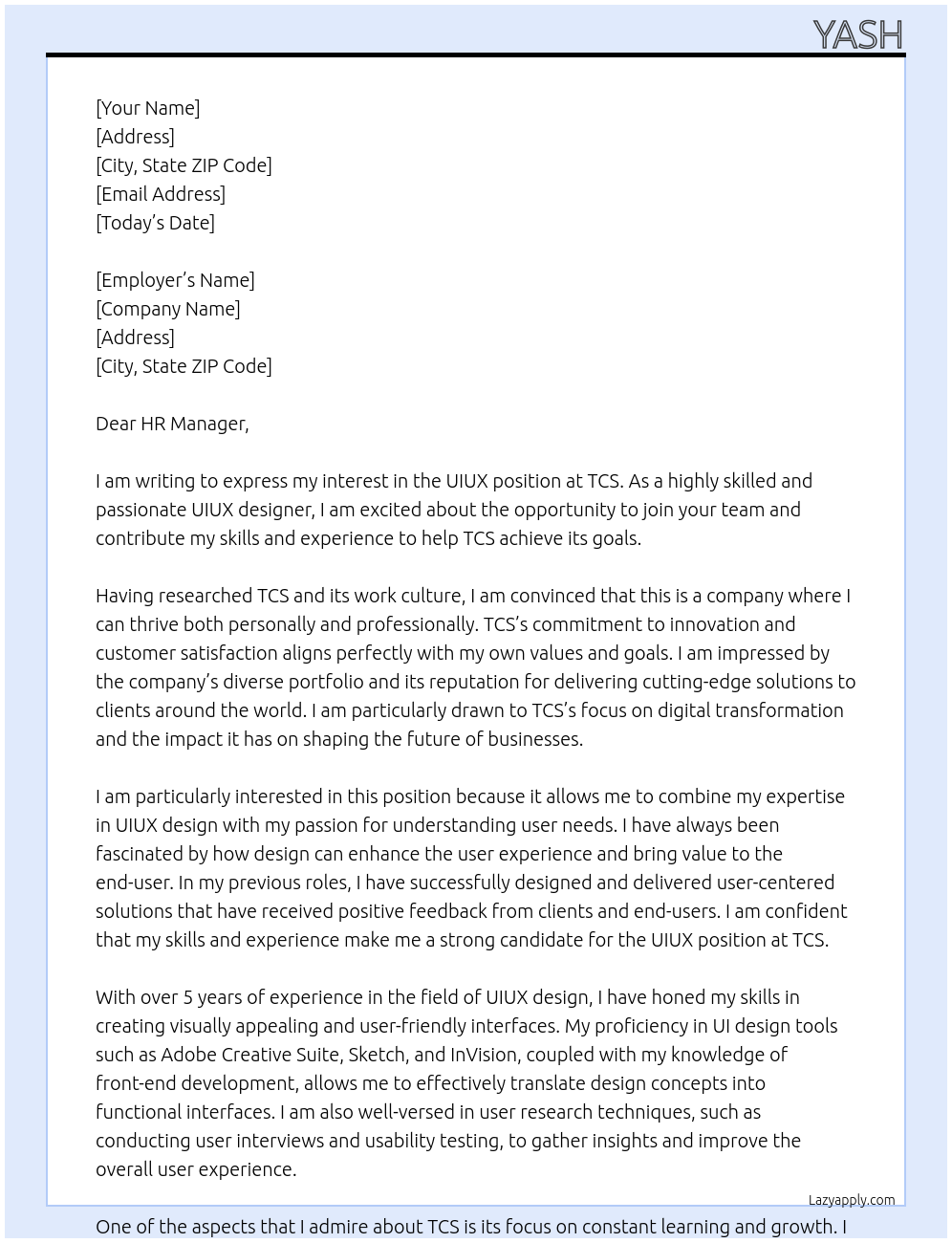 UIUX At TCS Cover Letter