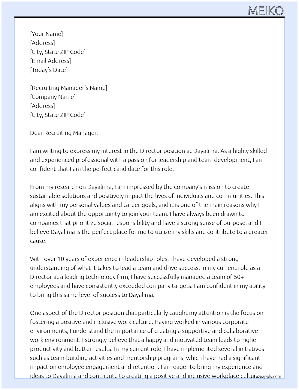 Director At Dayalima Cover Letter