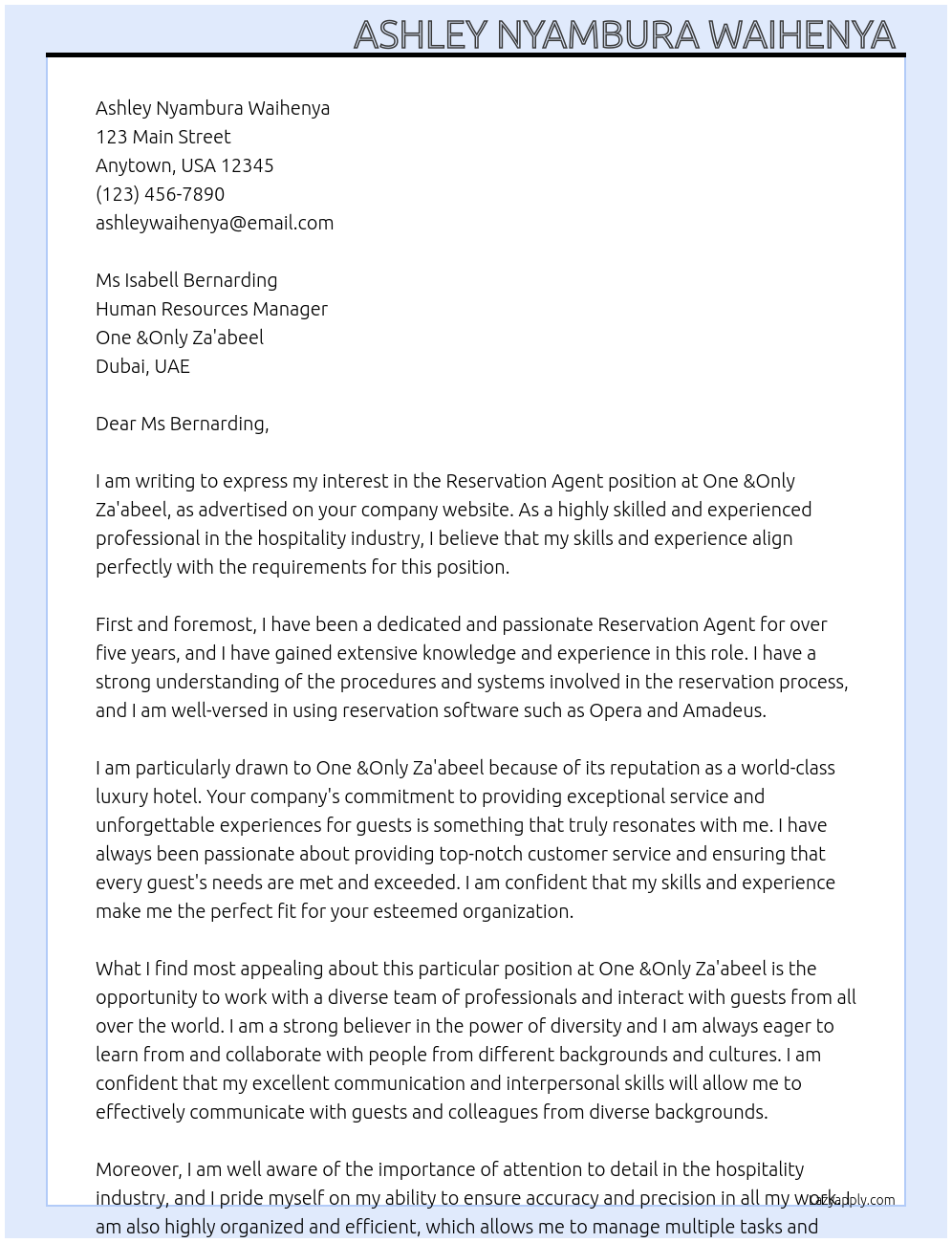 Reservation Agent  At One &Only Za'abeel  Cover Letter