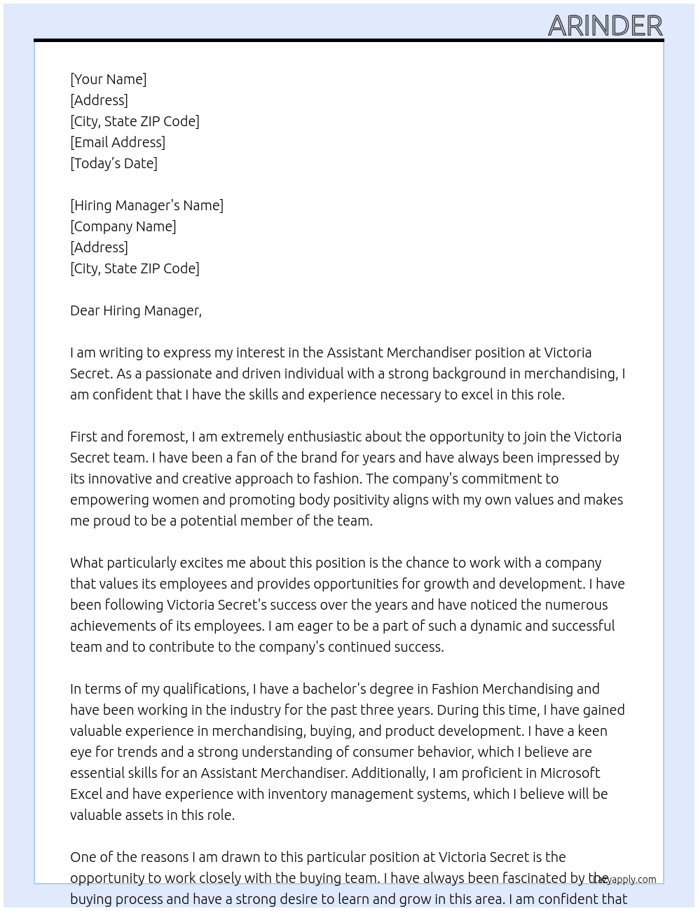 Assistant Merchandiser At Victoria Secret Cover Letter