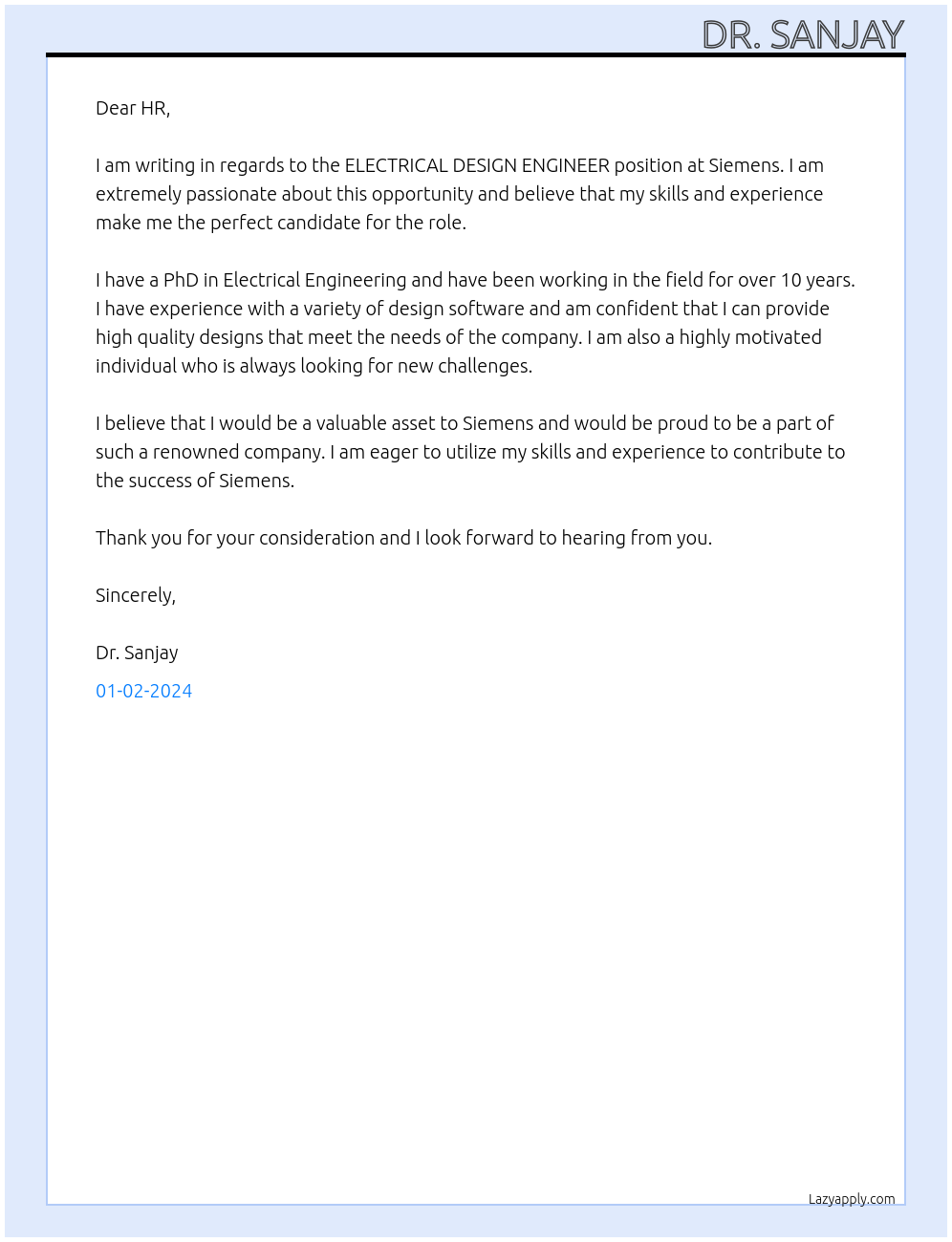 ELECTRICAL DESIGN ENGINEER At Siemens Cover Letter