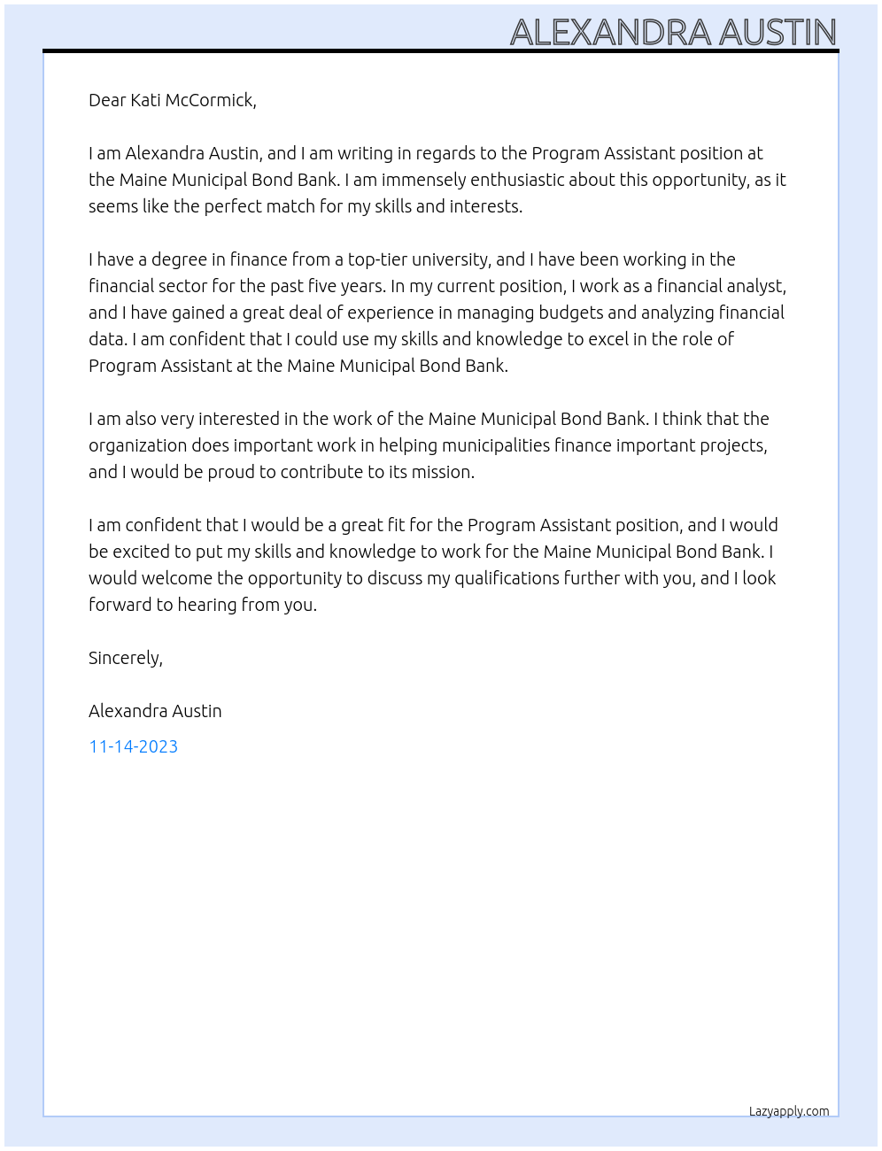 Program Assistant  At Maine Municipal Bond Bank Cover Letter