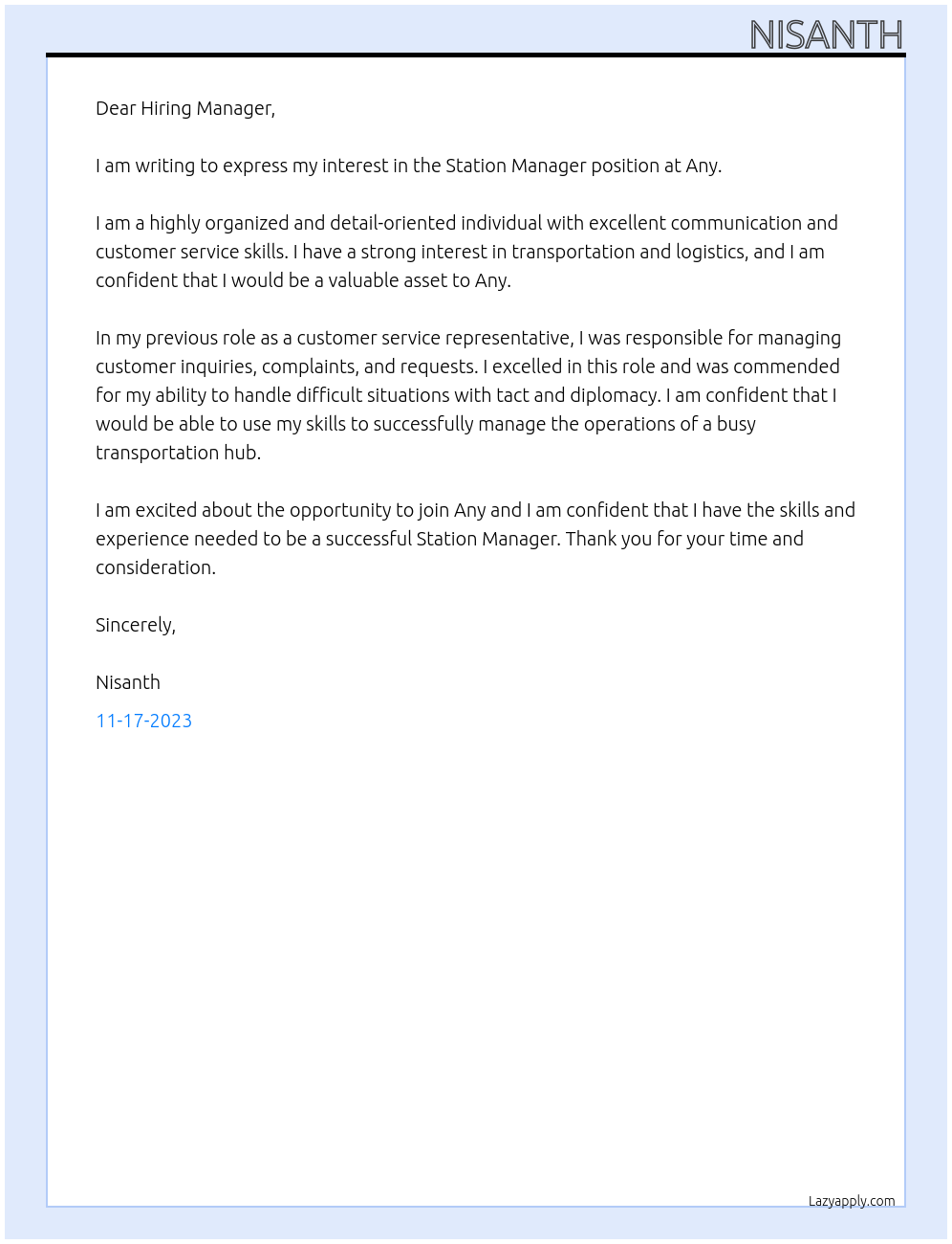 Station Manager At Any Cover Letter