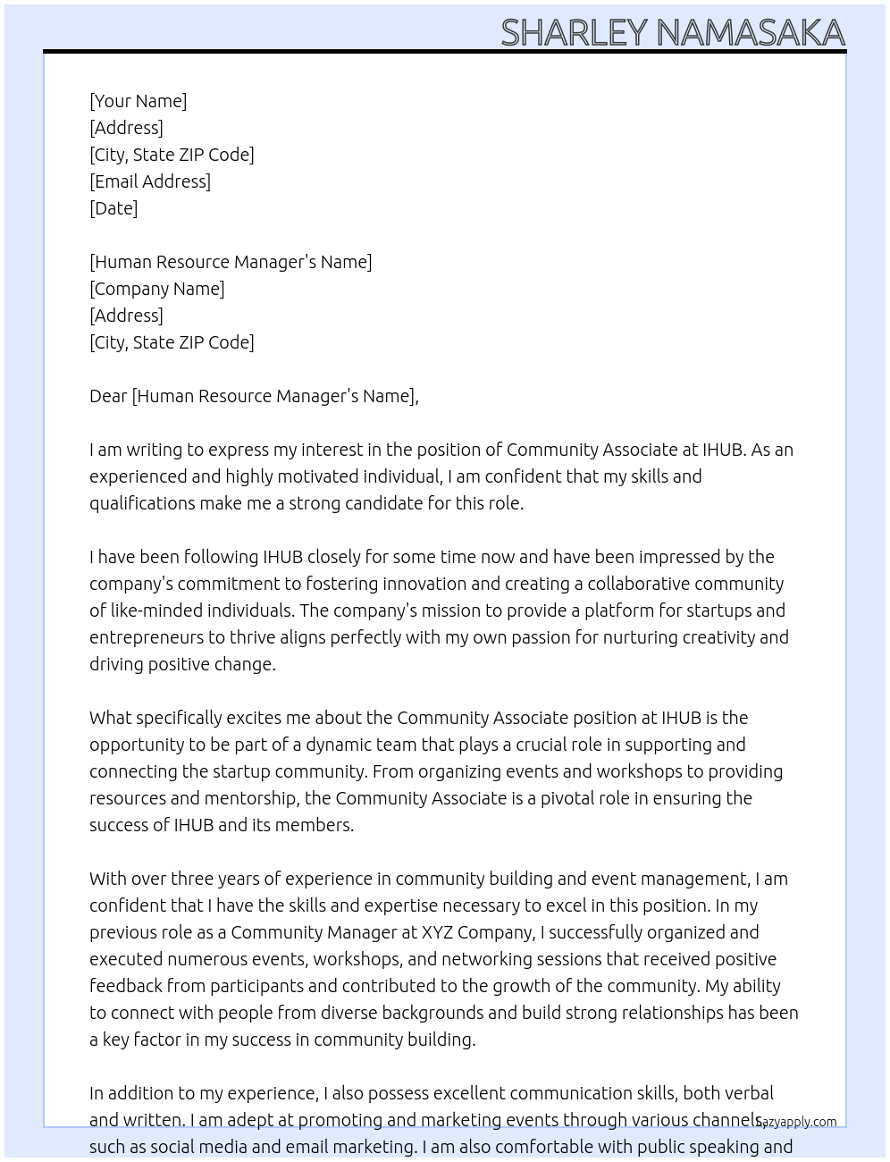 Community Associate  At IHUB Cover Letter