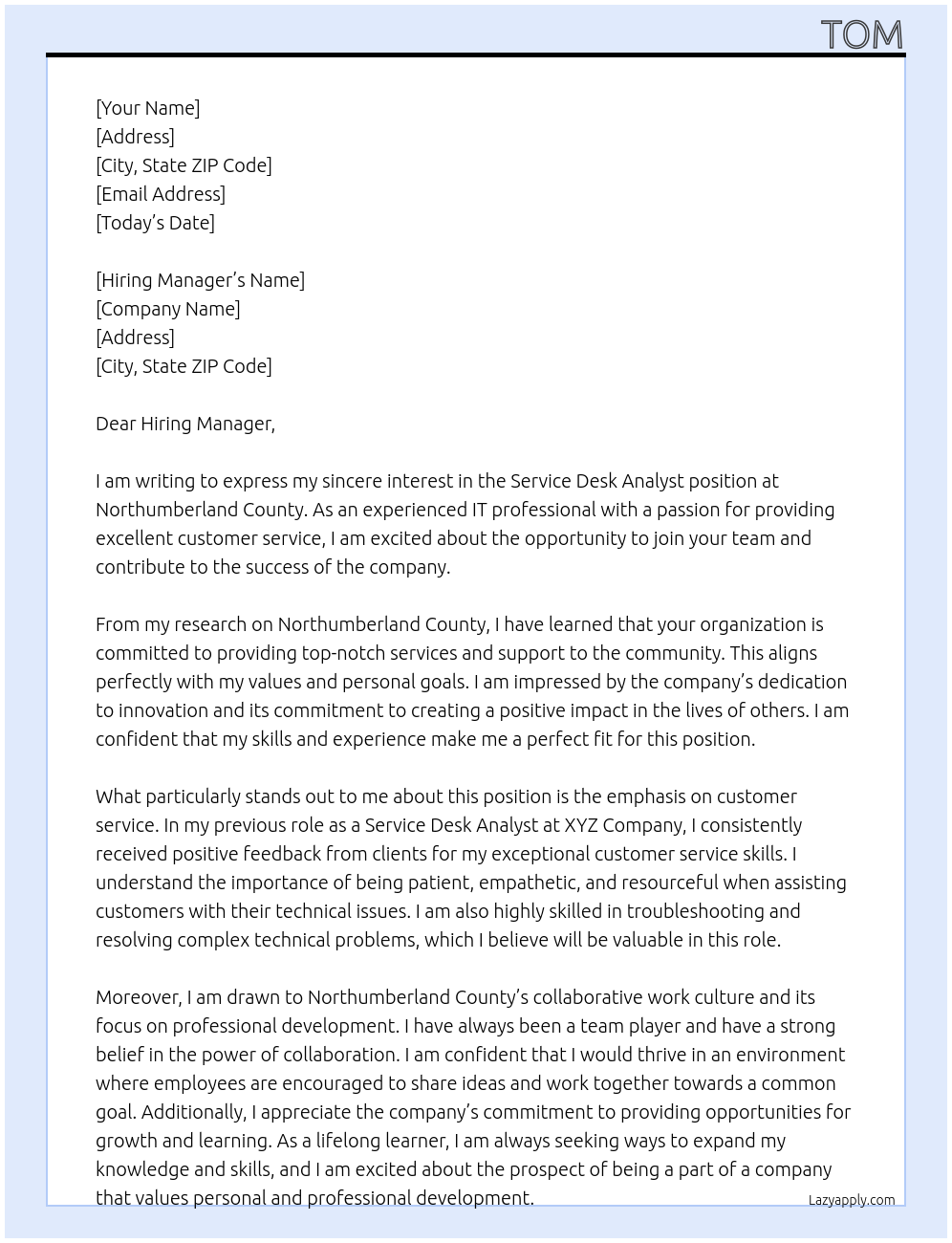 Service Desk Analyst At Northumberland County Cover Letter