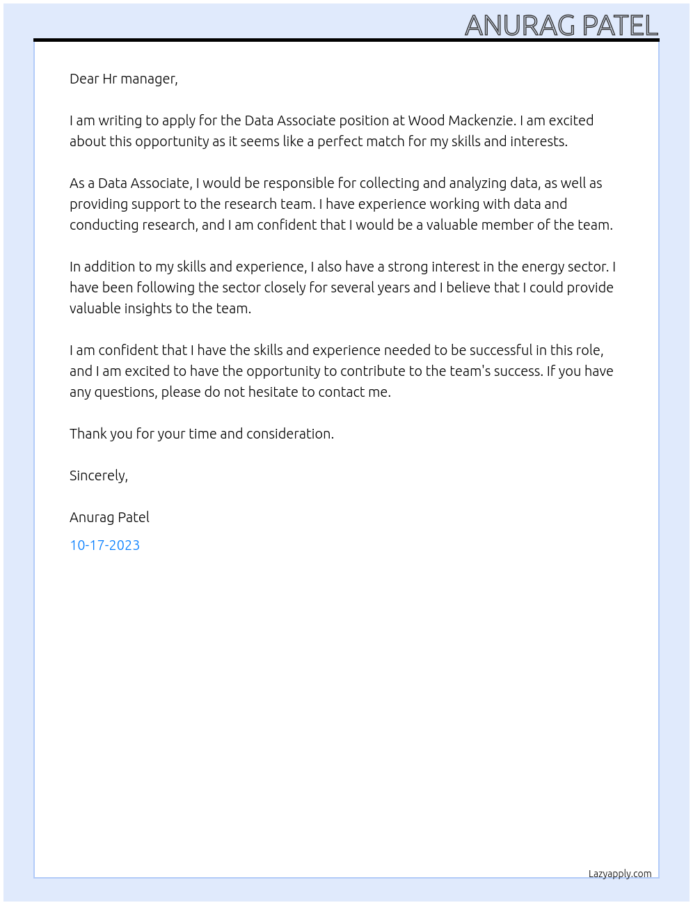 Data Associate At Wood mackenzie Cover Letter