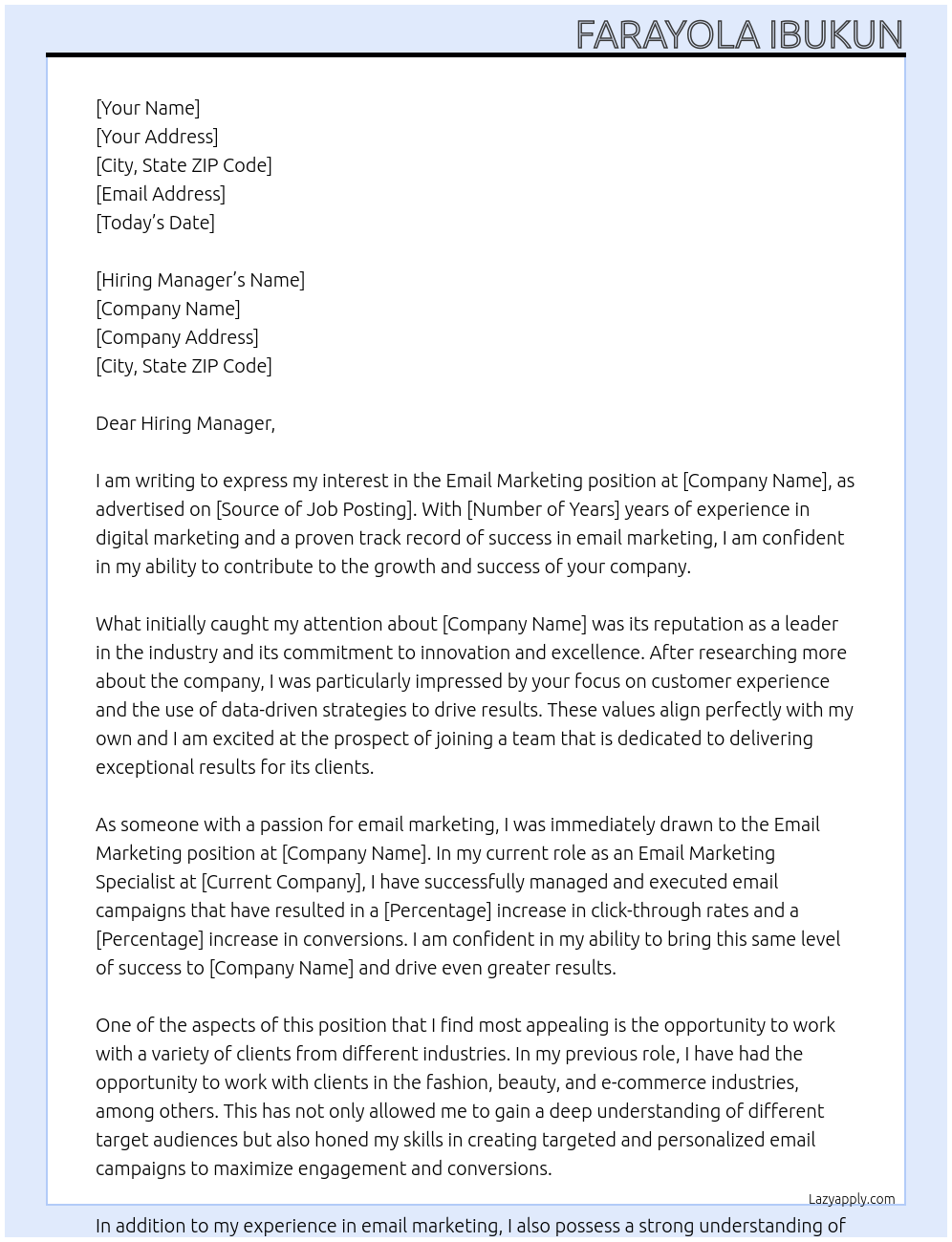 EMAIL MARKETING At ANY Cover Letter