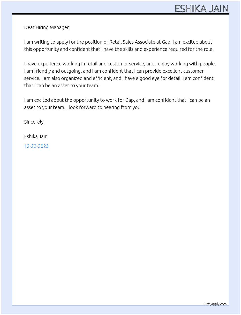 Retail Sales Associate At Gap Cover Letter