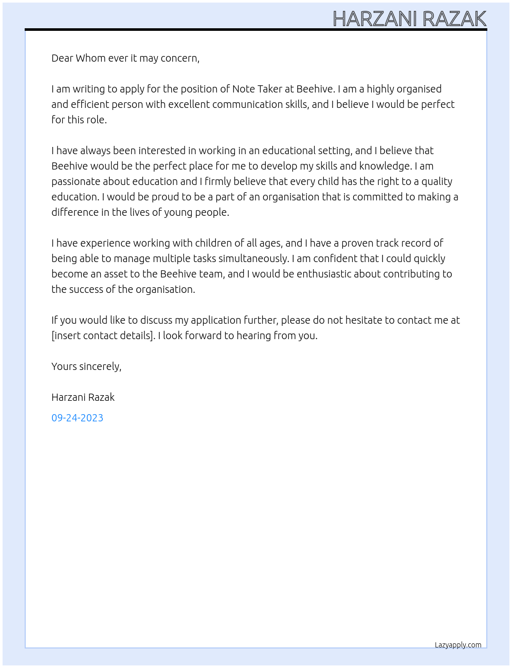 Note Taker At Beehive Cover Letter