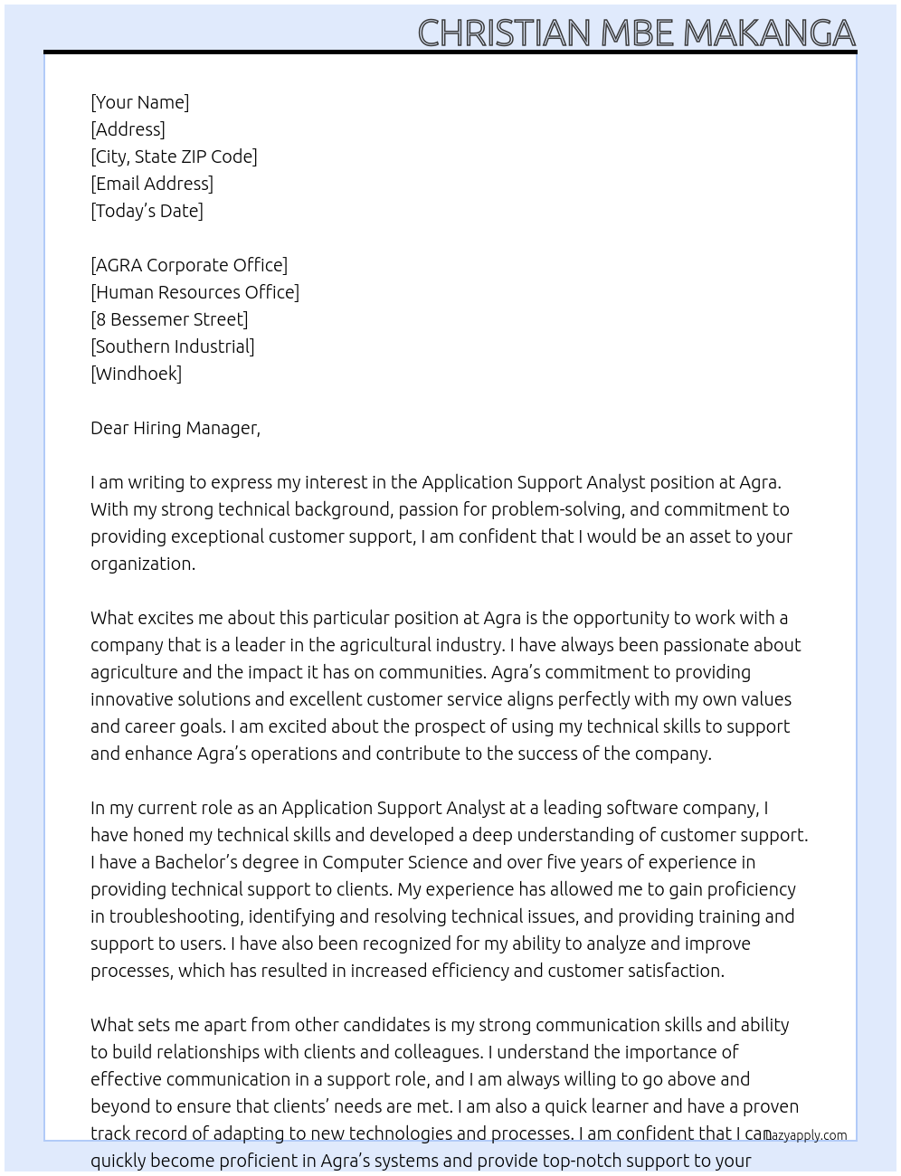 Application support analyst At Agra Cover Letter