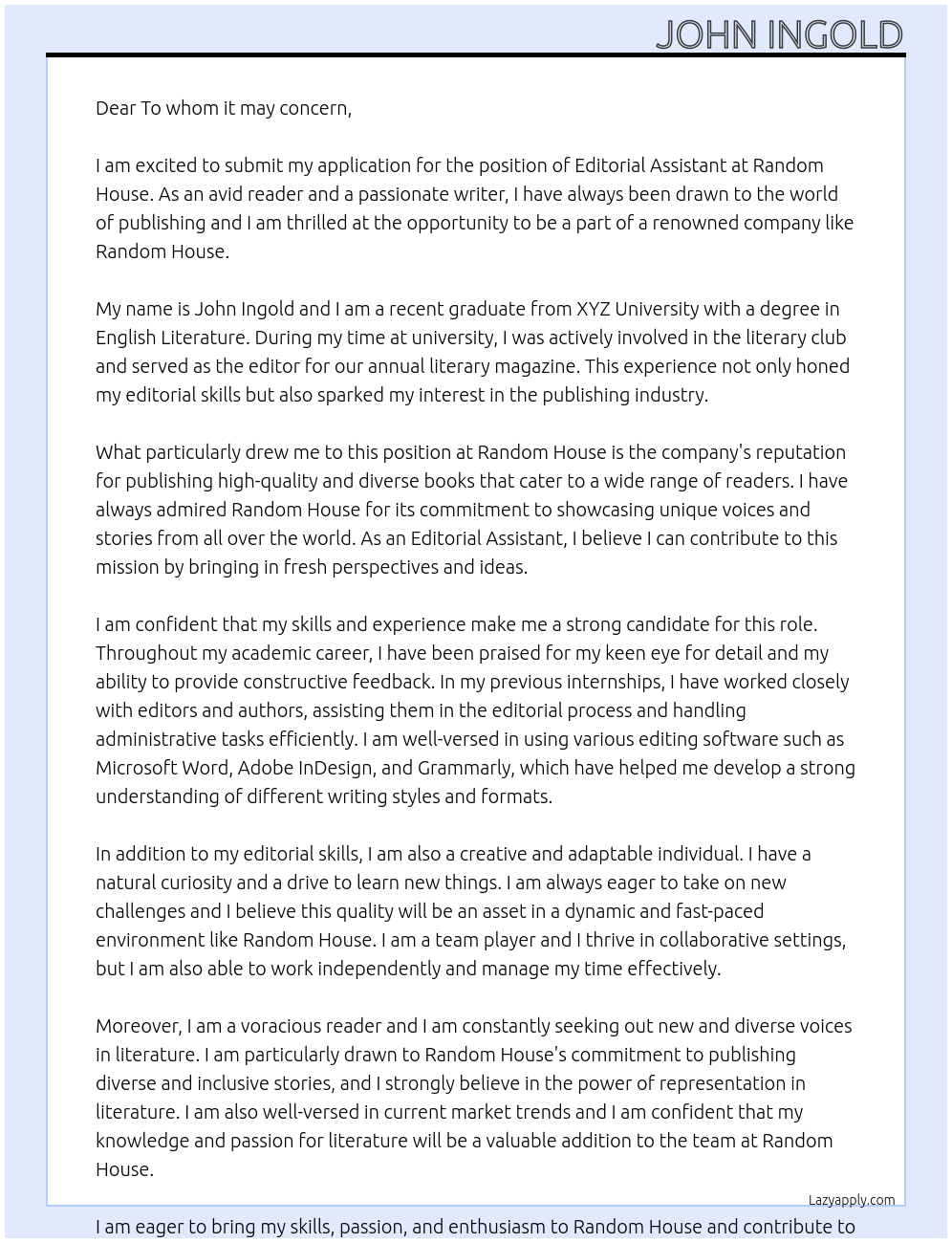 Editorial Assistant At Random House Cover Letter