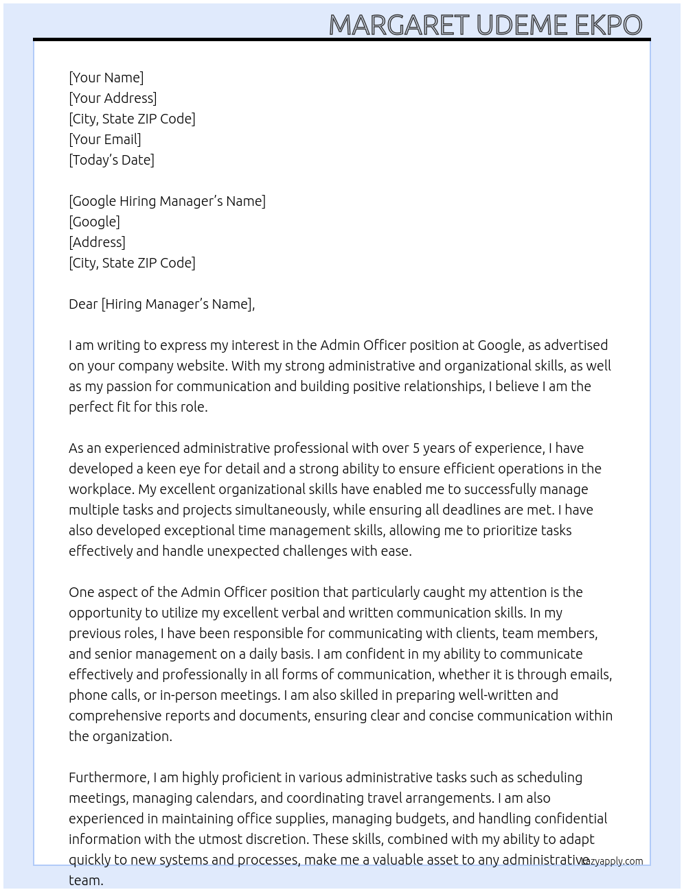 Admin officer At Google Cover Letter