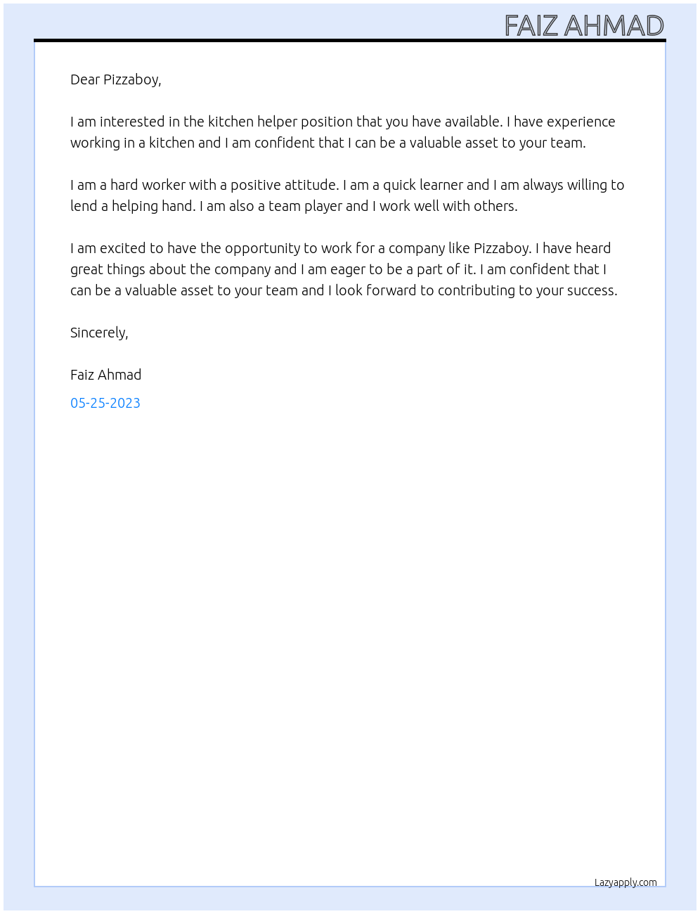 Kitchen helper At Pizzaboy Cover Letter