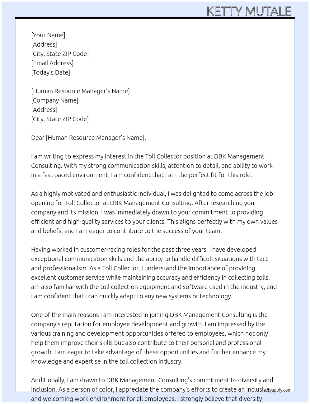Toll collector At DBK management consulting Cover Letter