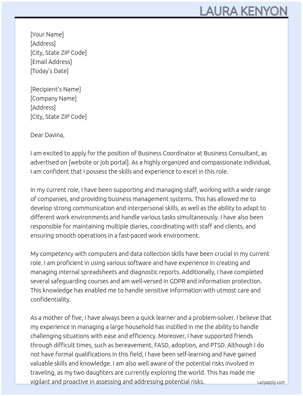 Business coordinator  At Business consultant  Cover Letter