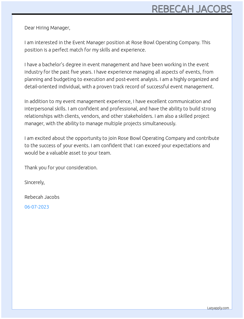 Event Manager At Rose Bowl Operating Company Cover Letter