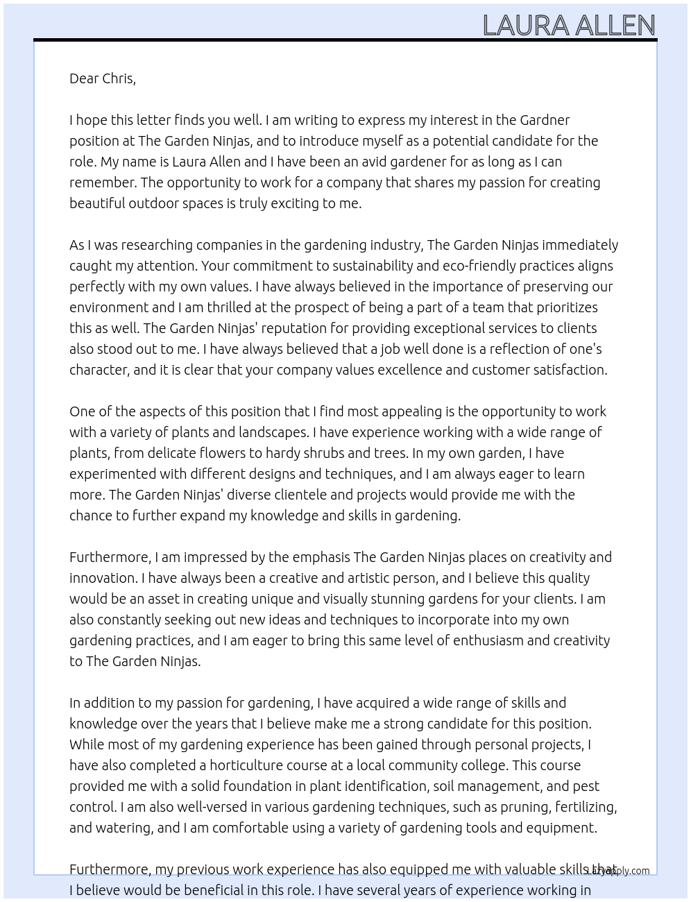 Gardner At The Garden Ninjas Cover Letter