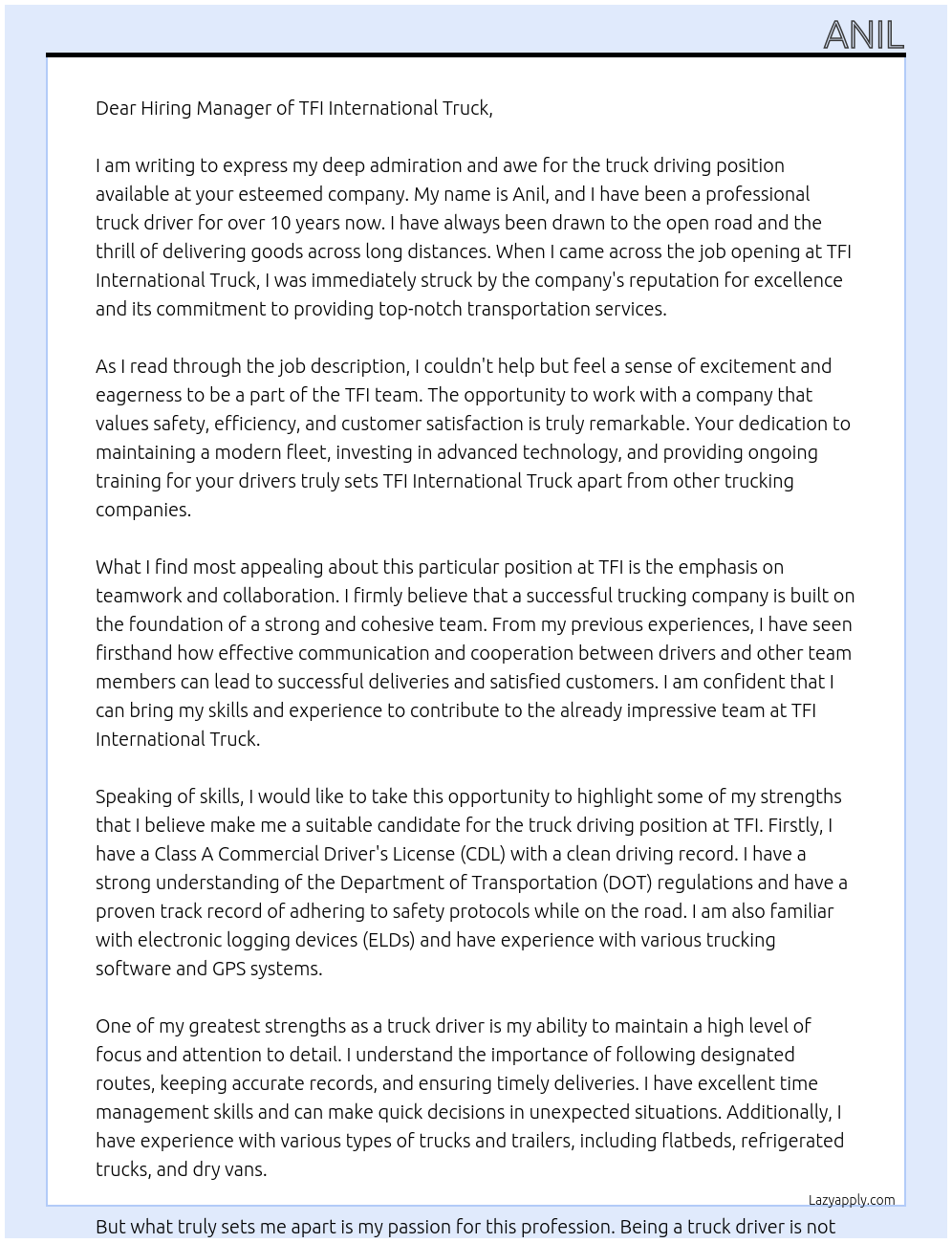 Truck driver At TFI international truck Cover Letter