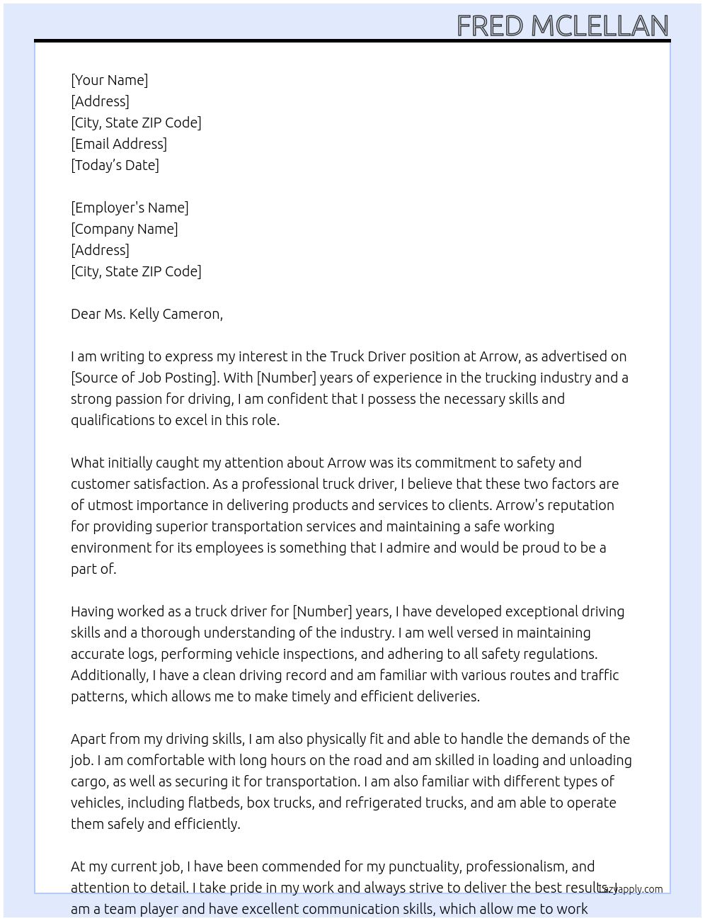 Truck Driver At Arrow Cover Letter