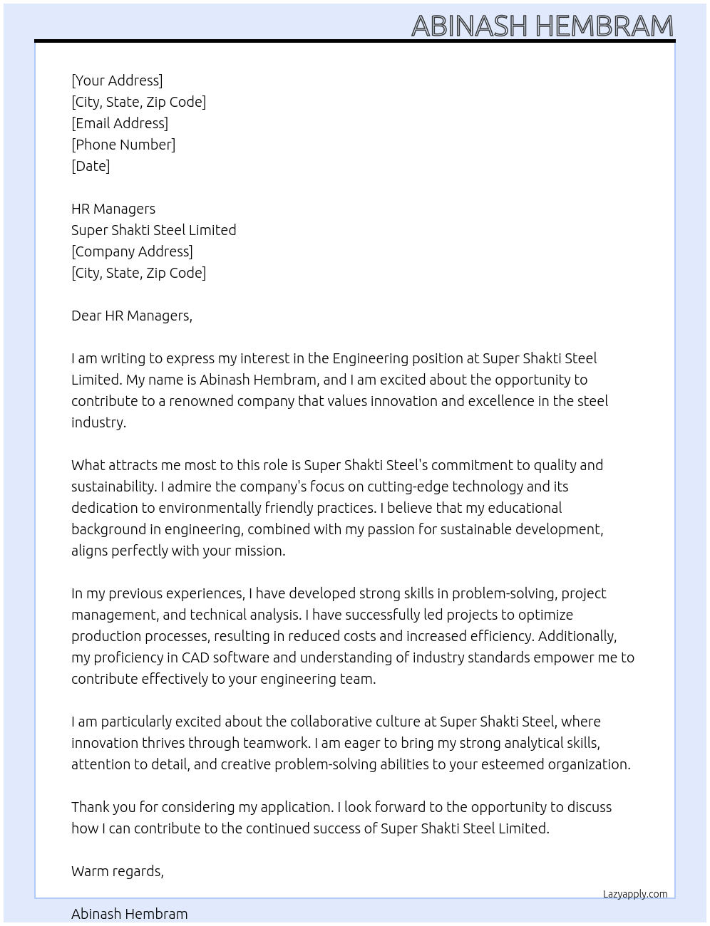 Cover letter for engineer - LazyApply
