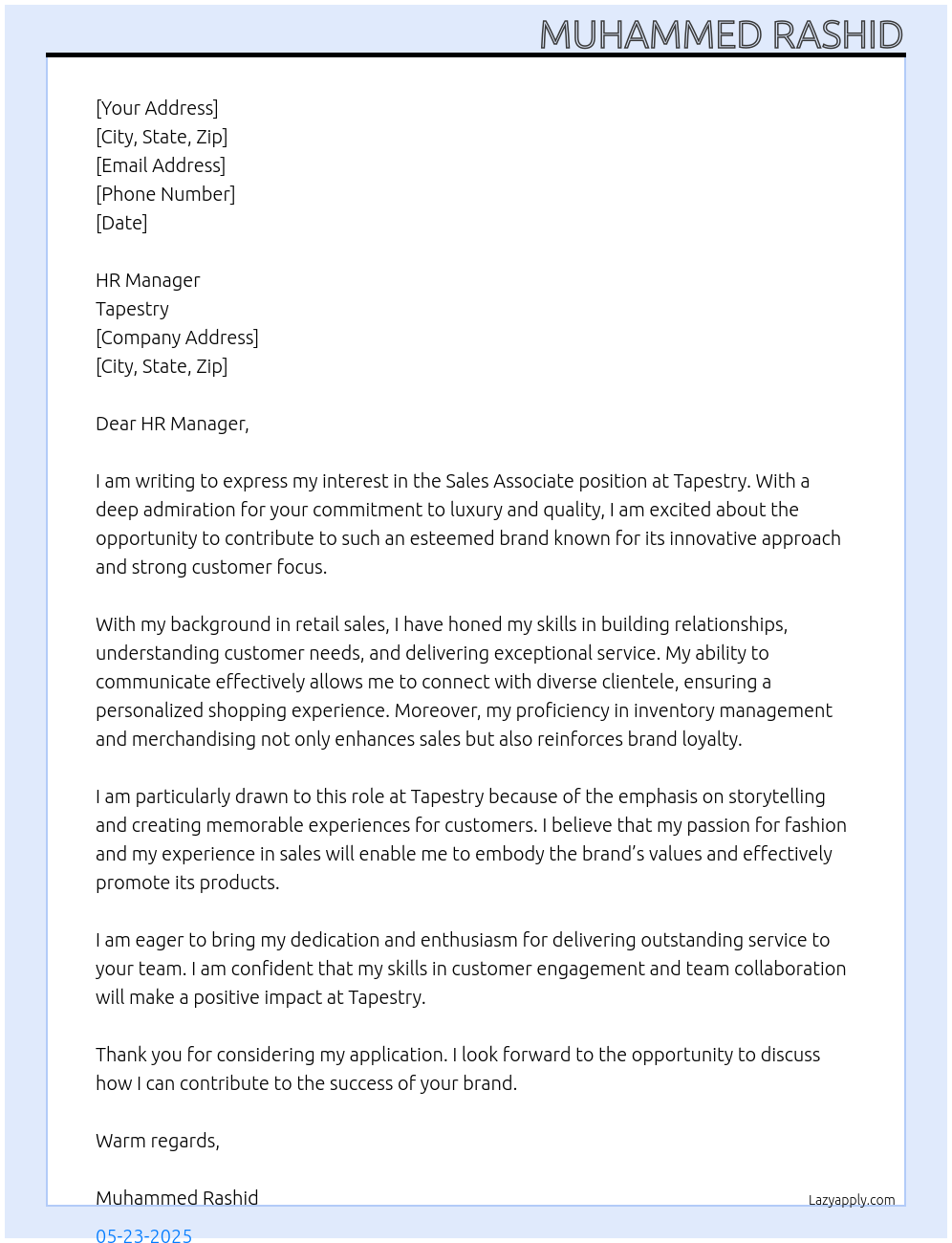 Sales Associate At Tapestry Cover Letter
