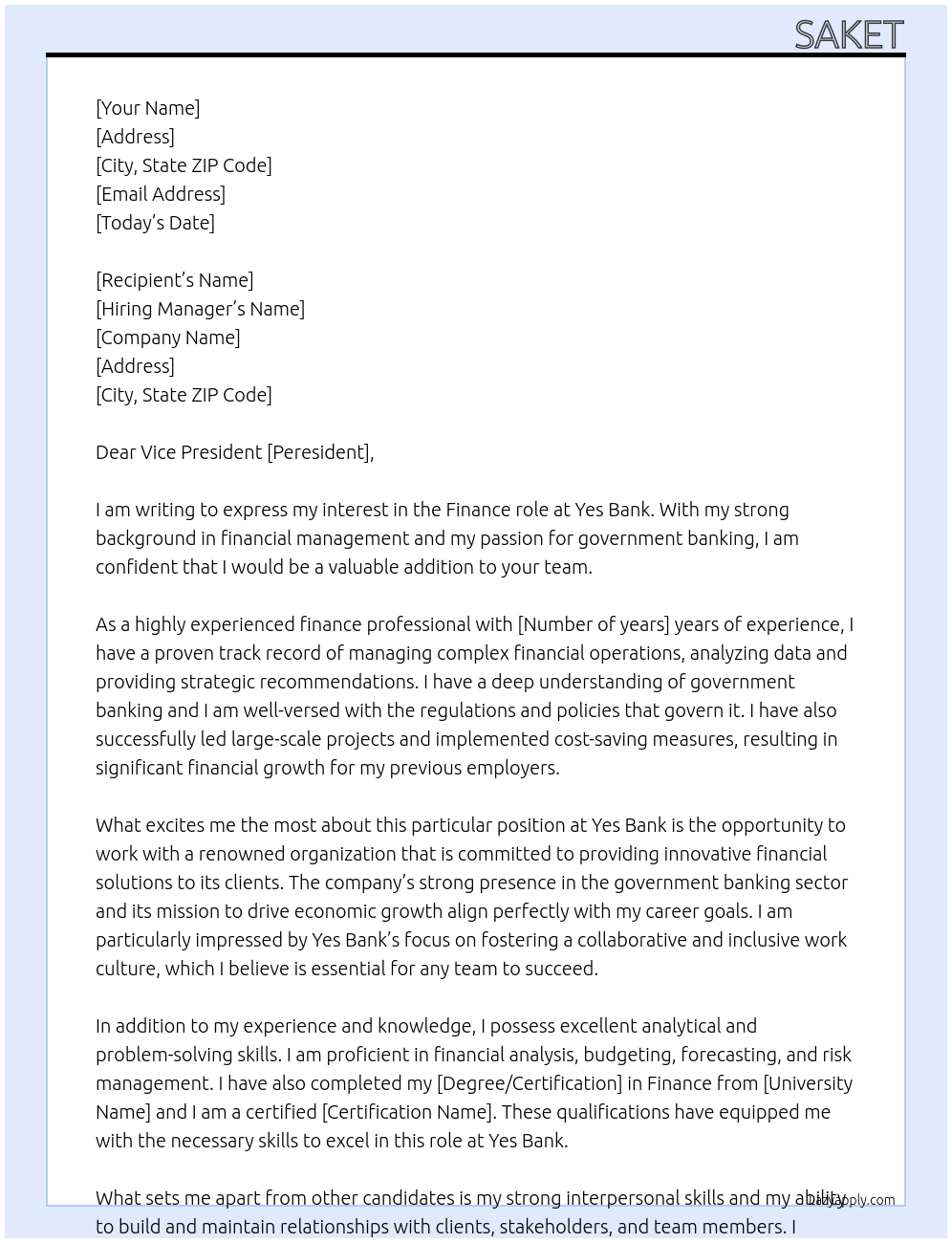 finance role At yes bank Cover Letter