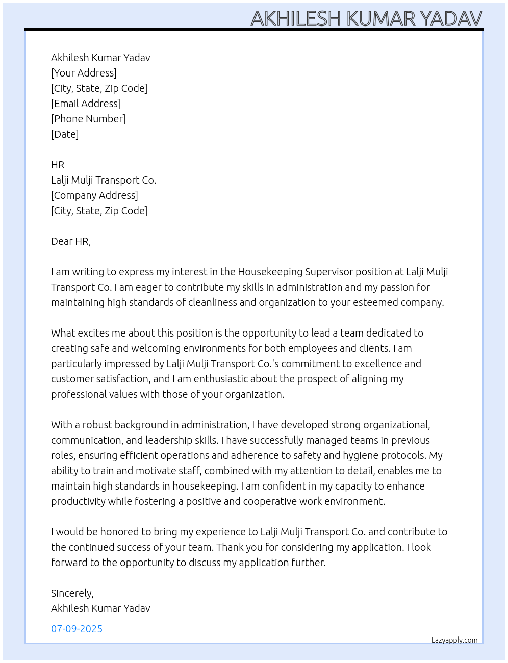 Cover letter for housekeeping supervisor - LazyApply