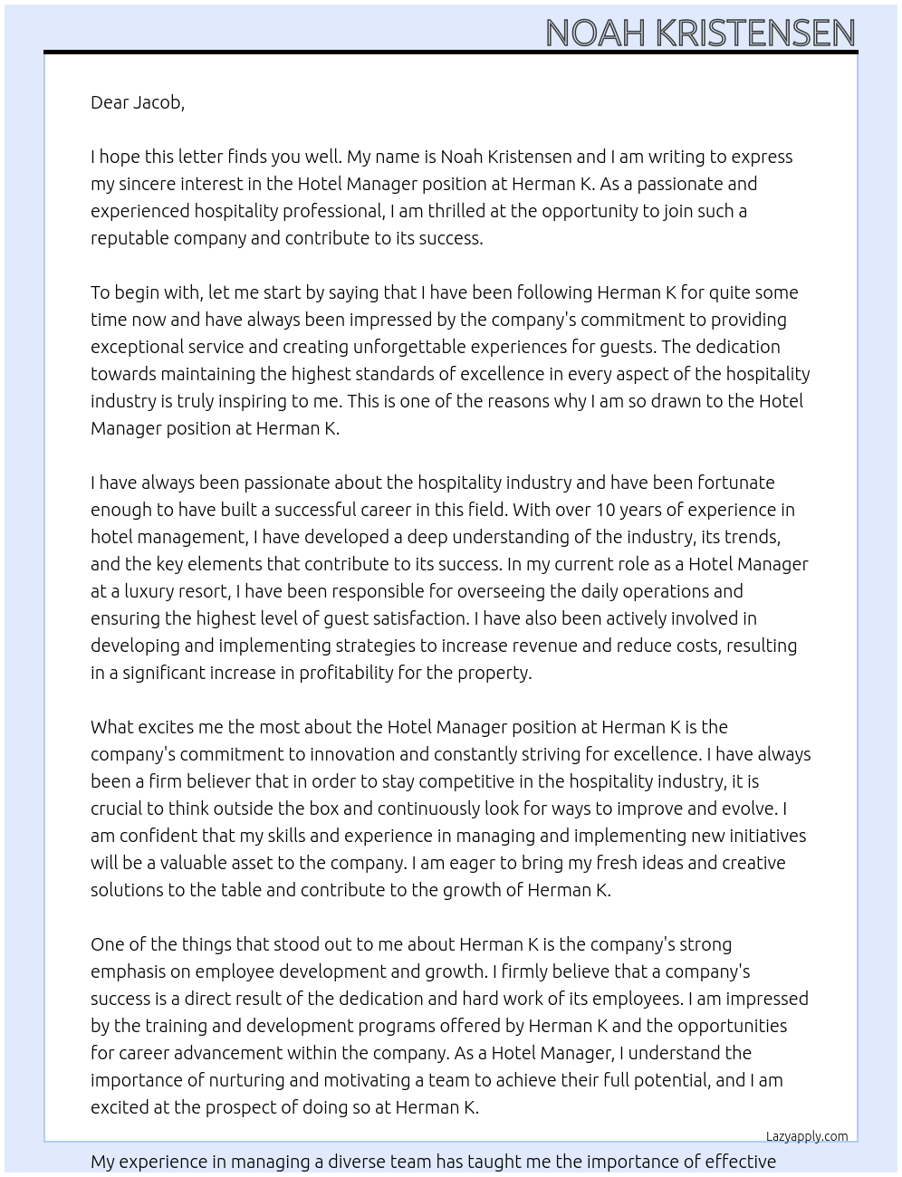 Hotel Manager At Herman K Cover Letter